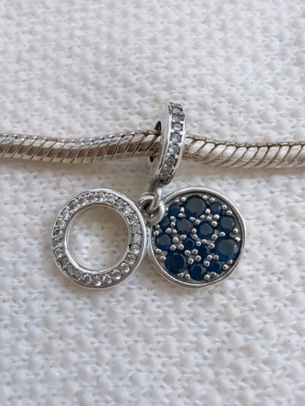 Sparkling Blue Disc Double Dangle Charm Silver Charm For Pandora Bracelet